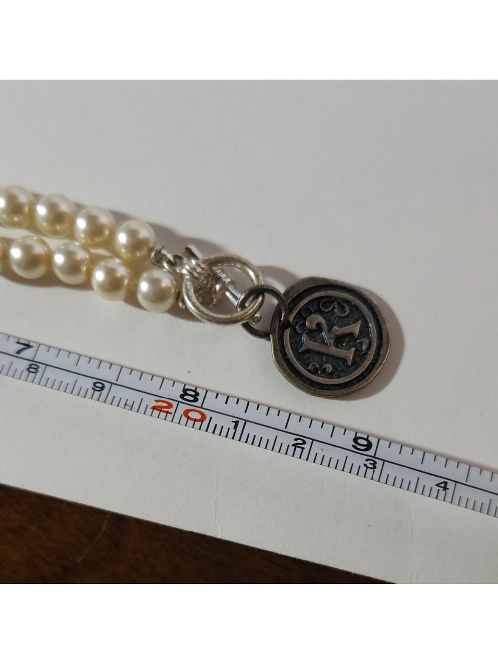 Hand Knotted 18” Faux Pearl Necklace with 'K' Charm Silver Toggle Closure - Picture 7 of 8